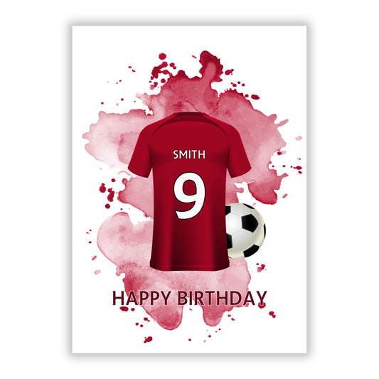 Red Personalised Football Shirt A5 Flat Greetings Card