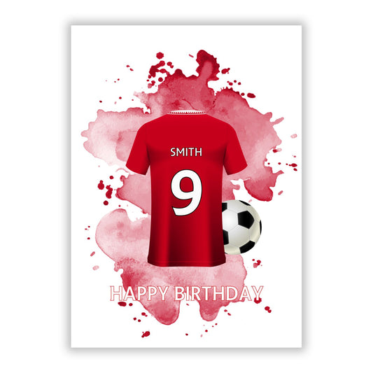 Red Personalised Football Shirt Name Number A5 Flat Greetings Card