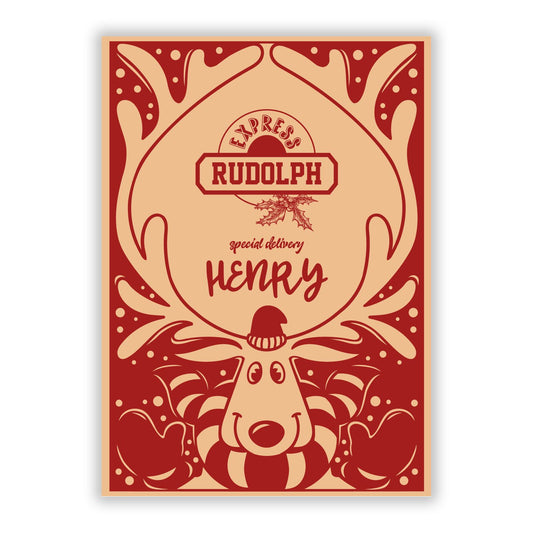 Red Personalised Rudolph A5 Flat Greetings Card