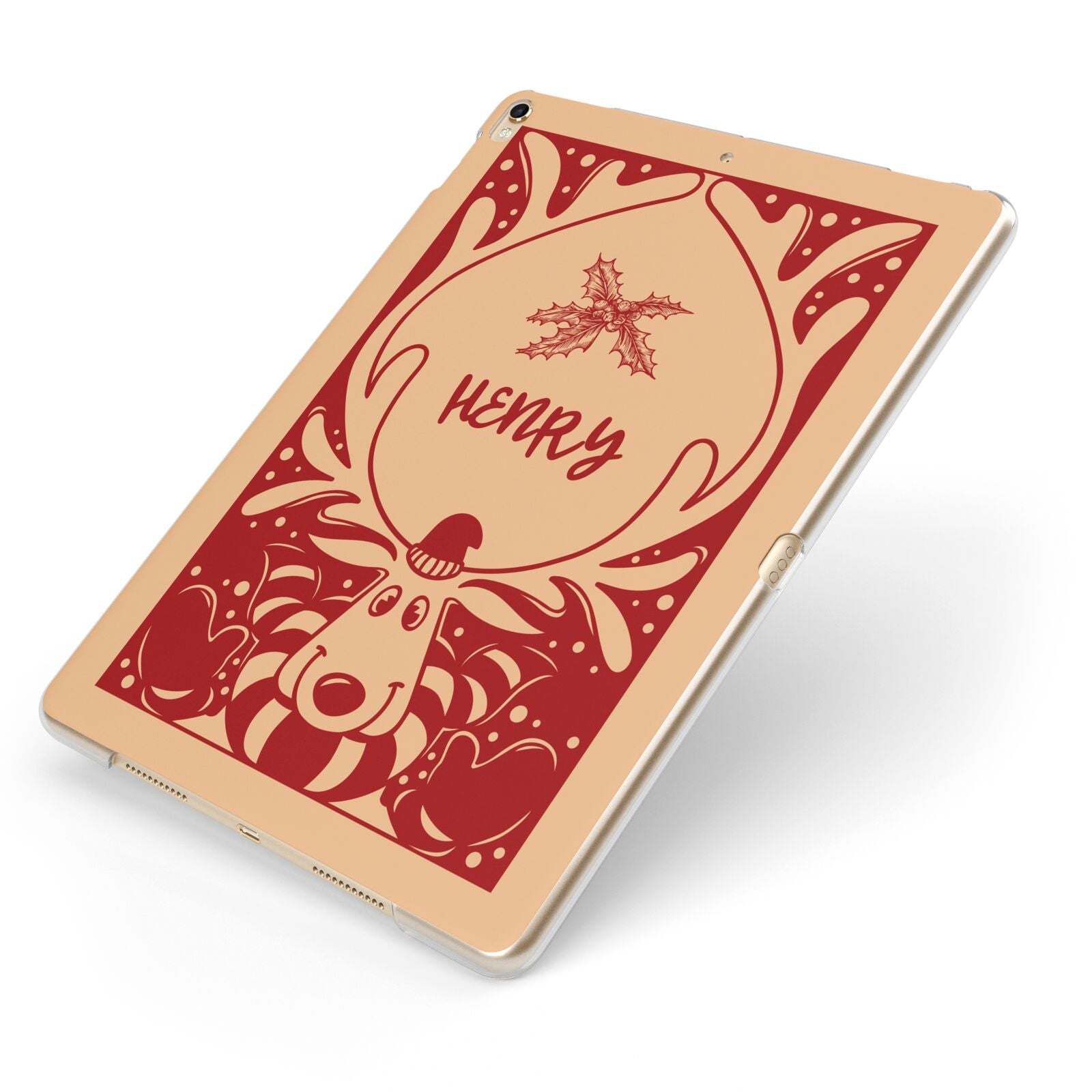 Red Personalised Rudolph Apple iPad Case on Gold iPad Side View