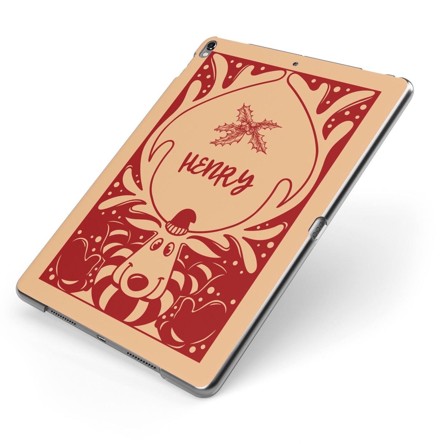 Red Personalised Rudolph Apple iPad Case on Grey iPad Side View