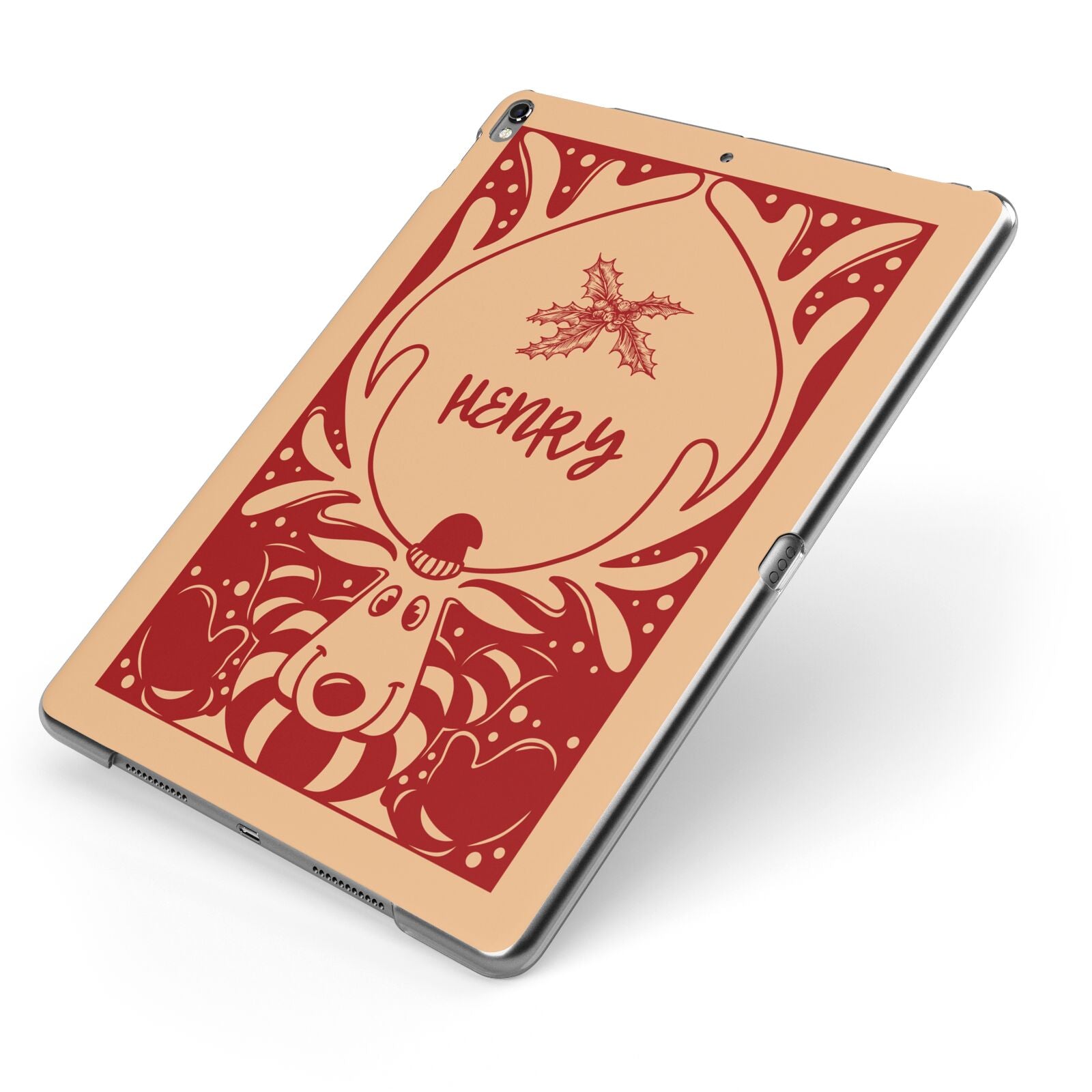 Red Personalised Rudolph Apple iPad Case on Grey iPad Side View