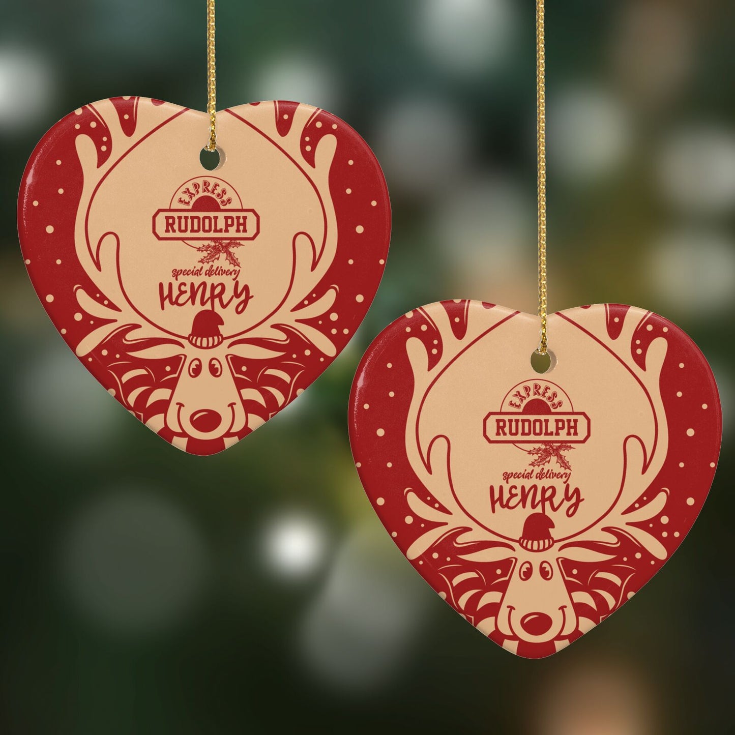 Red Personalised Rudolph Heart Decoration on Christmas Background