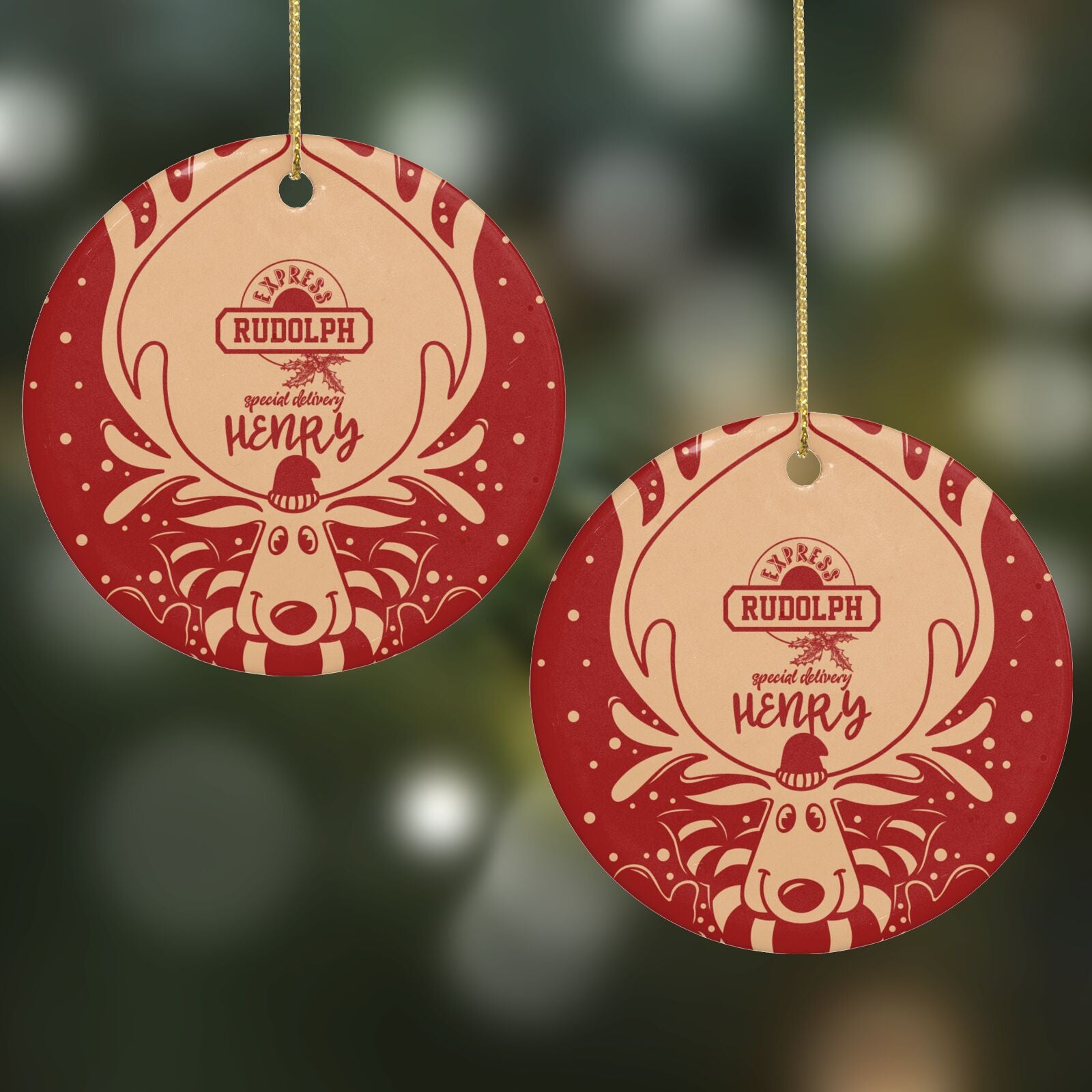 Red Personalised Rudolph Round Decoration on Christmas Background