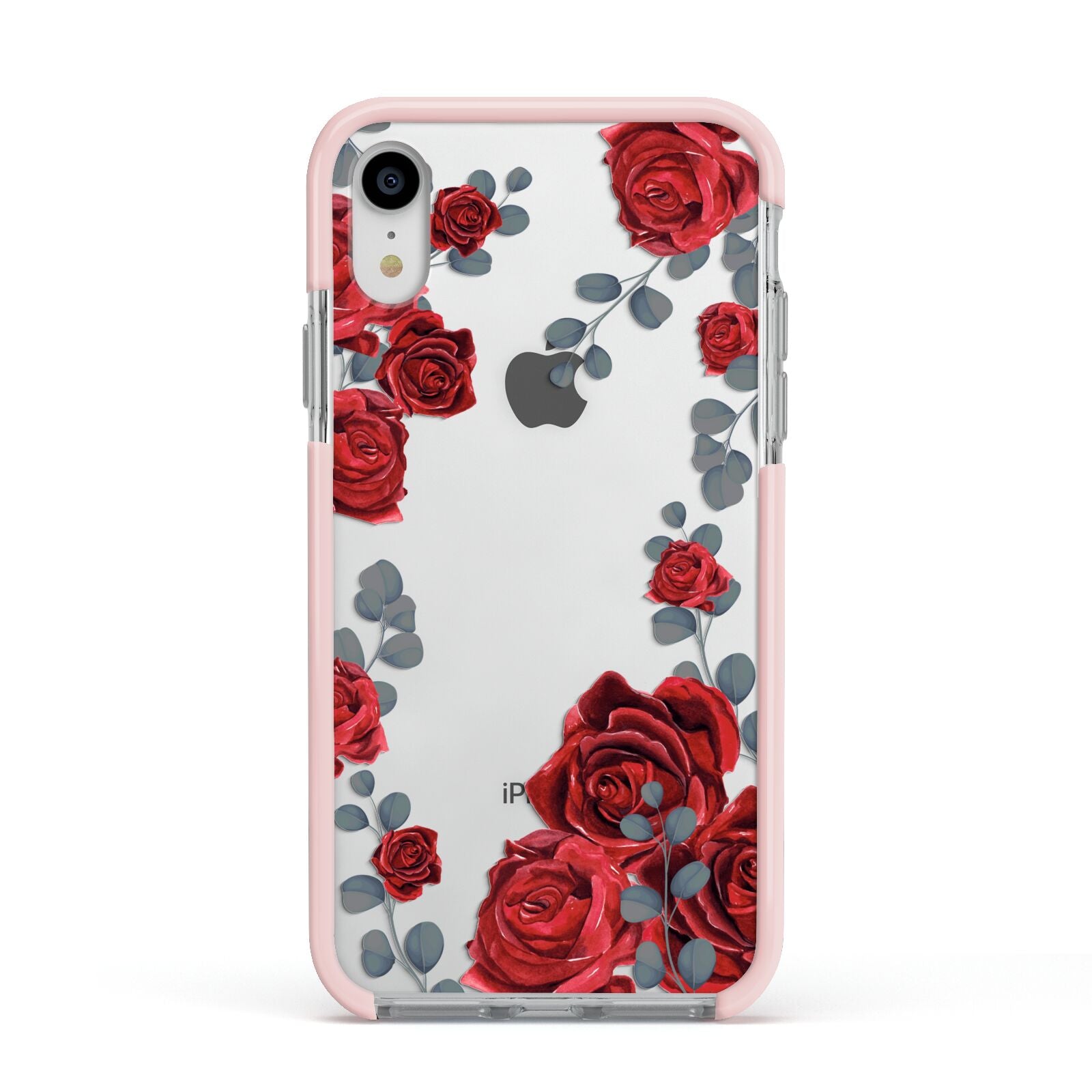 Red Roses Apple iPhone XR Impact Case Pink Edge on Silver Phone