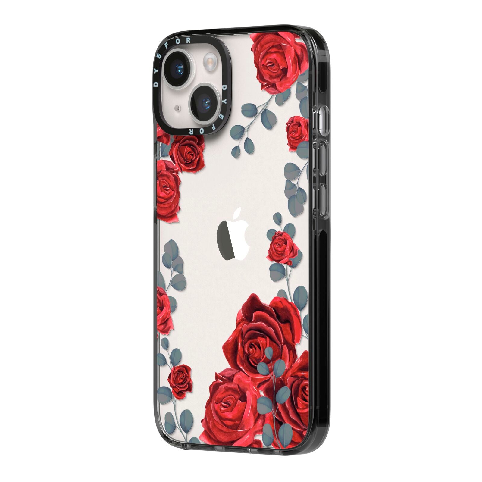 Red Roses iPhone 14 Black Impact Case Side Angle on Silver phone