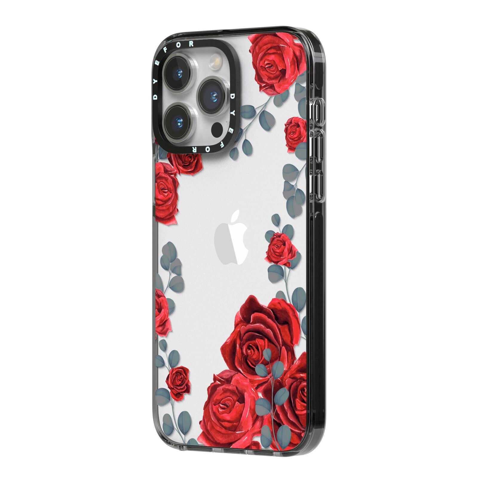 Red Roses iPhone 14 Pro Max Black Impact Case Side Angle on Silver phone