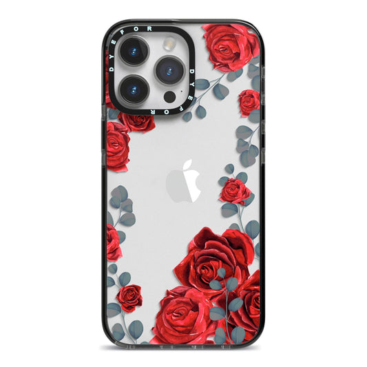 Red Roses iPhone 14 Pro Max Black Impact Case on Silver phone