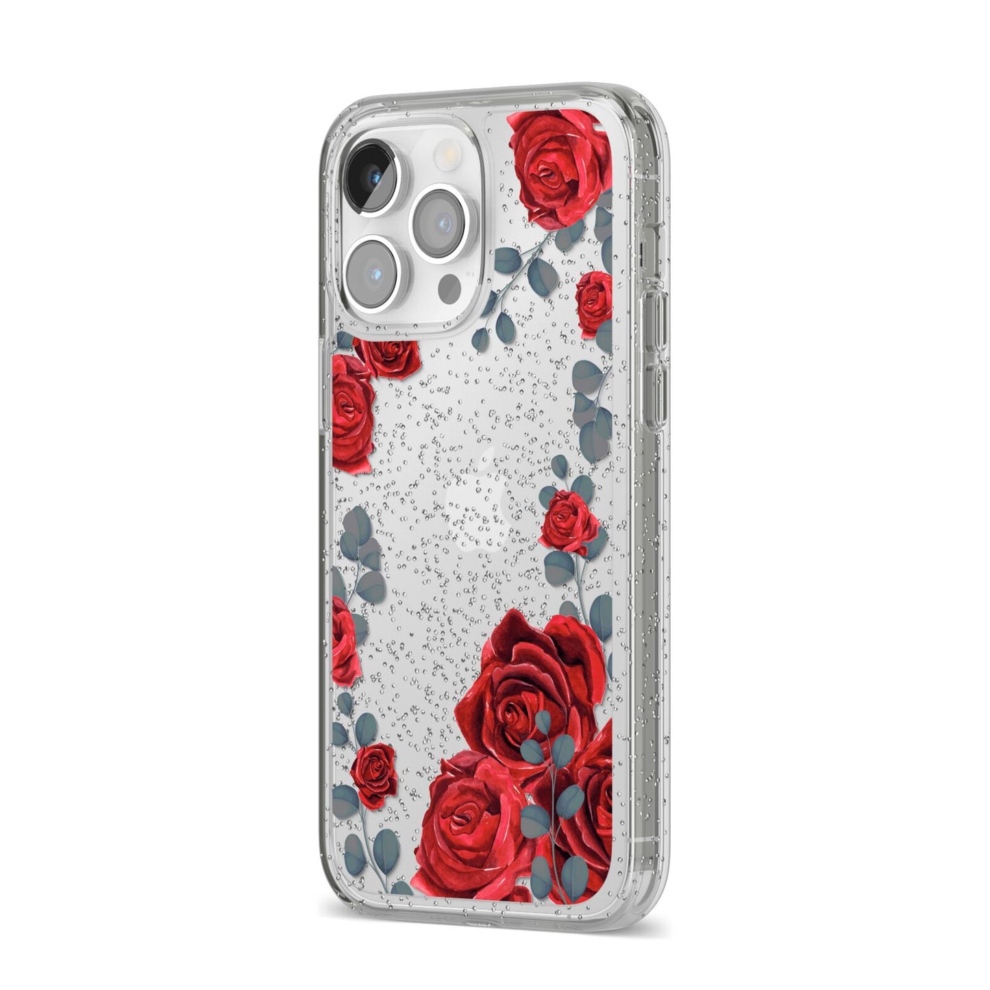Red Roses iPhone 14 Pro Max Glitter Tough Case Silver Angled Image