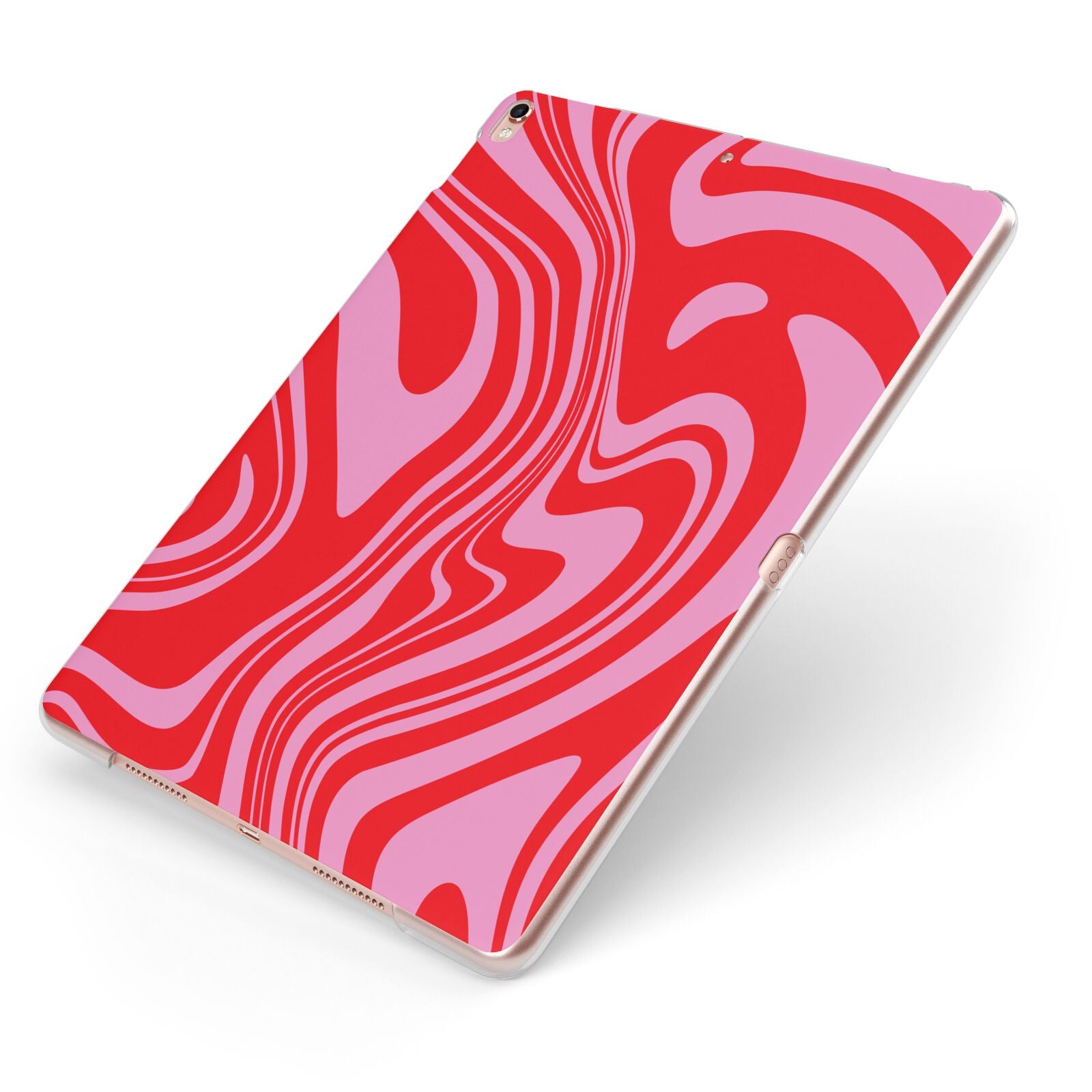 Red Swirl Apple iPad Case on Rose Gold iPad Side View