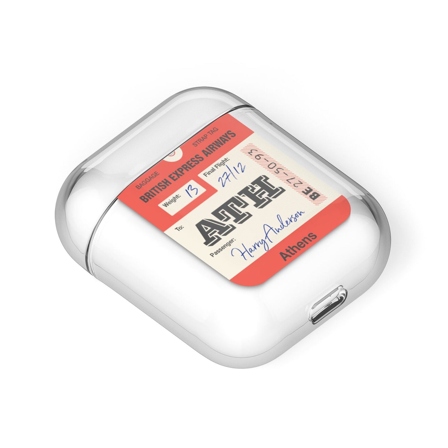 Red Vintage Baggage Tag AirPods Case Laid Flat