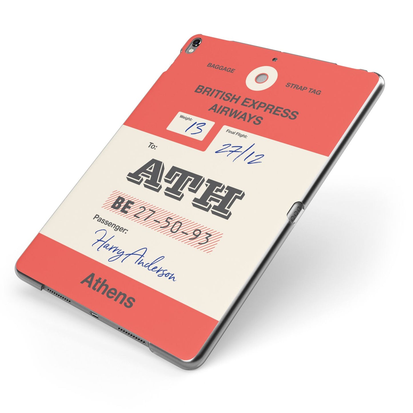 Red Vintage Baggage Tag Apple iPad Case on Grey iPad Side View