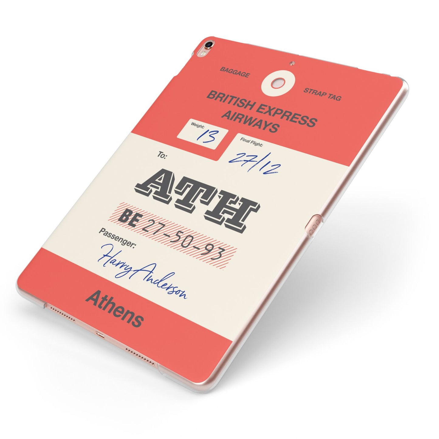 Red Vintage Baggage Tag Apple iPad Case on Rose Gold iPad Side View