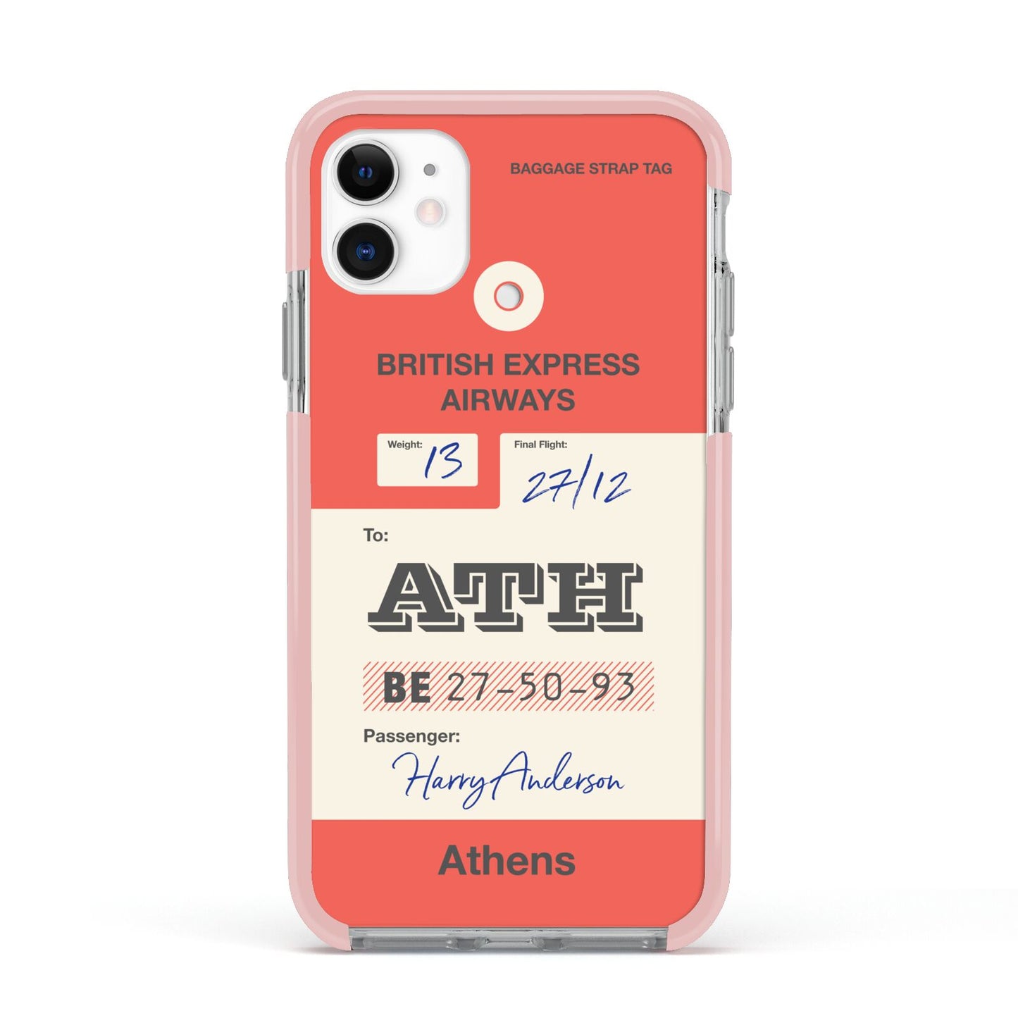 Red Vintage Baggage Tag Apple iPhone 11 in White with Pink Impact Case