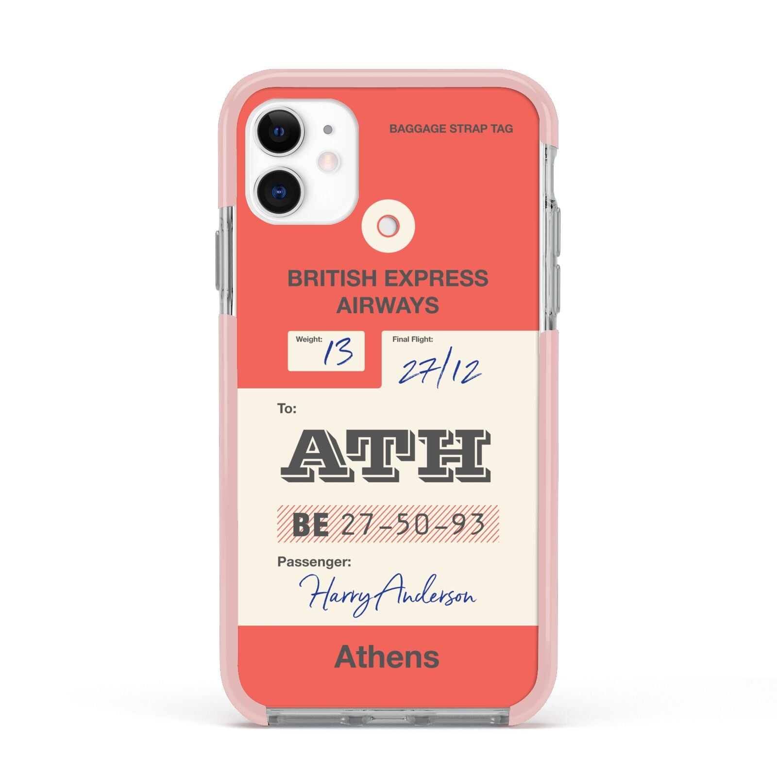 Red Vintage Baggage Tag Apple iPhone 11 in White with Pink Impact Case