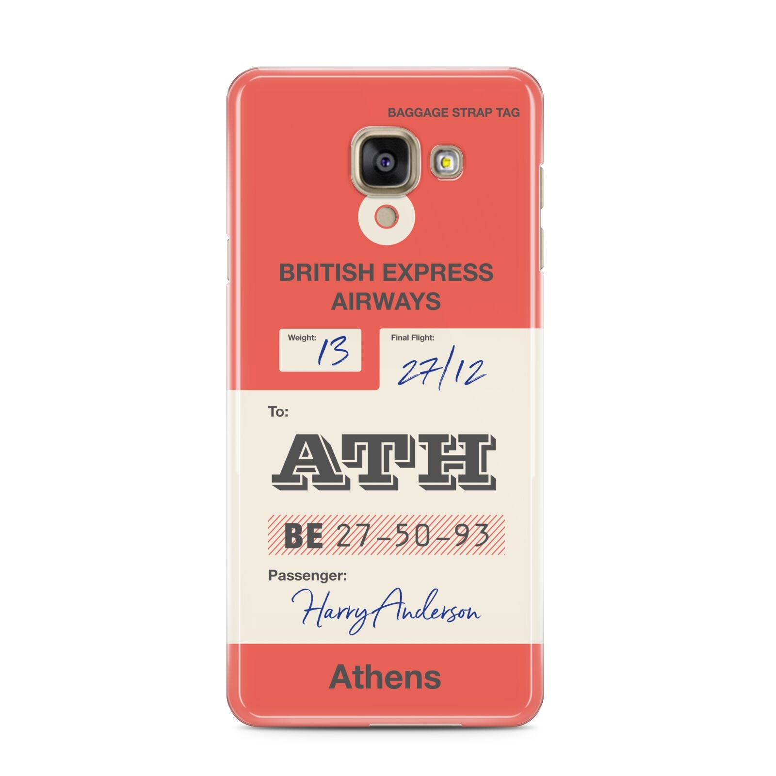 Red Vintage Baggage Tag Samsung Galaxy A3 2016 Case on gold phone