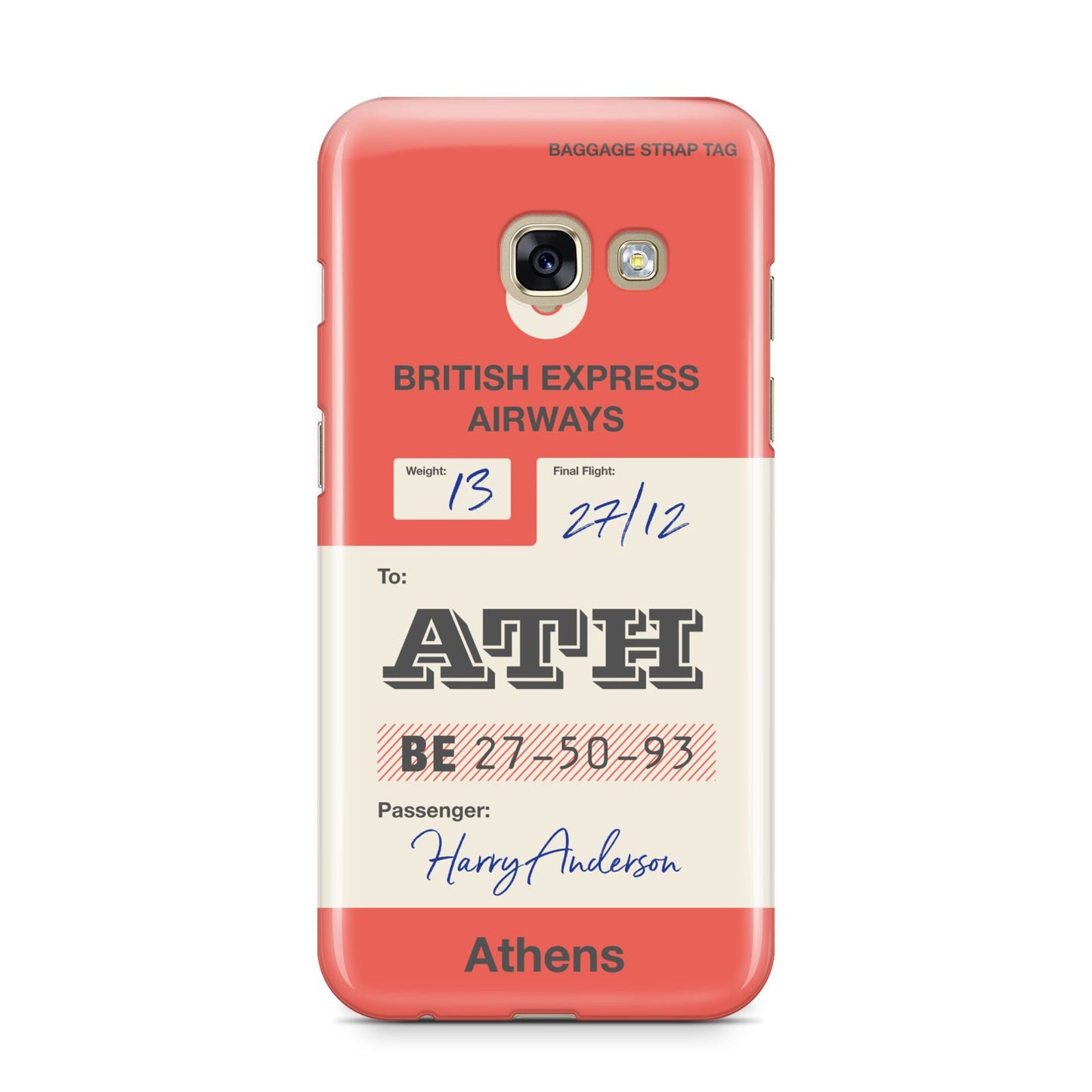 Red Vintage Baggage Tag Samsung Galaxy A3 2017 Case on gold phone