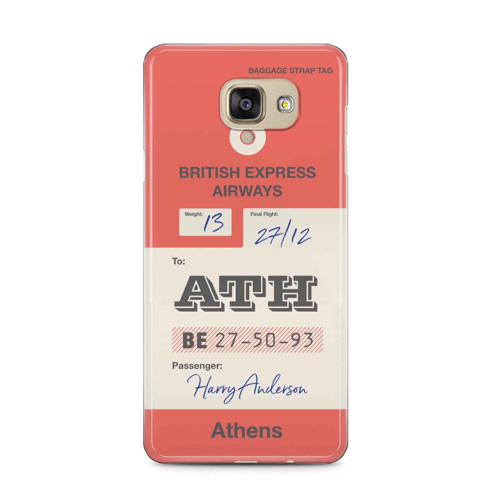 Red Vintage Baggage Tag Samsung Galaxy A5 2016 Case on gold phone