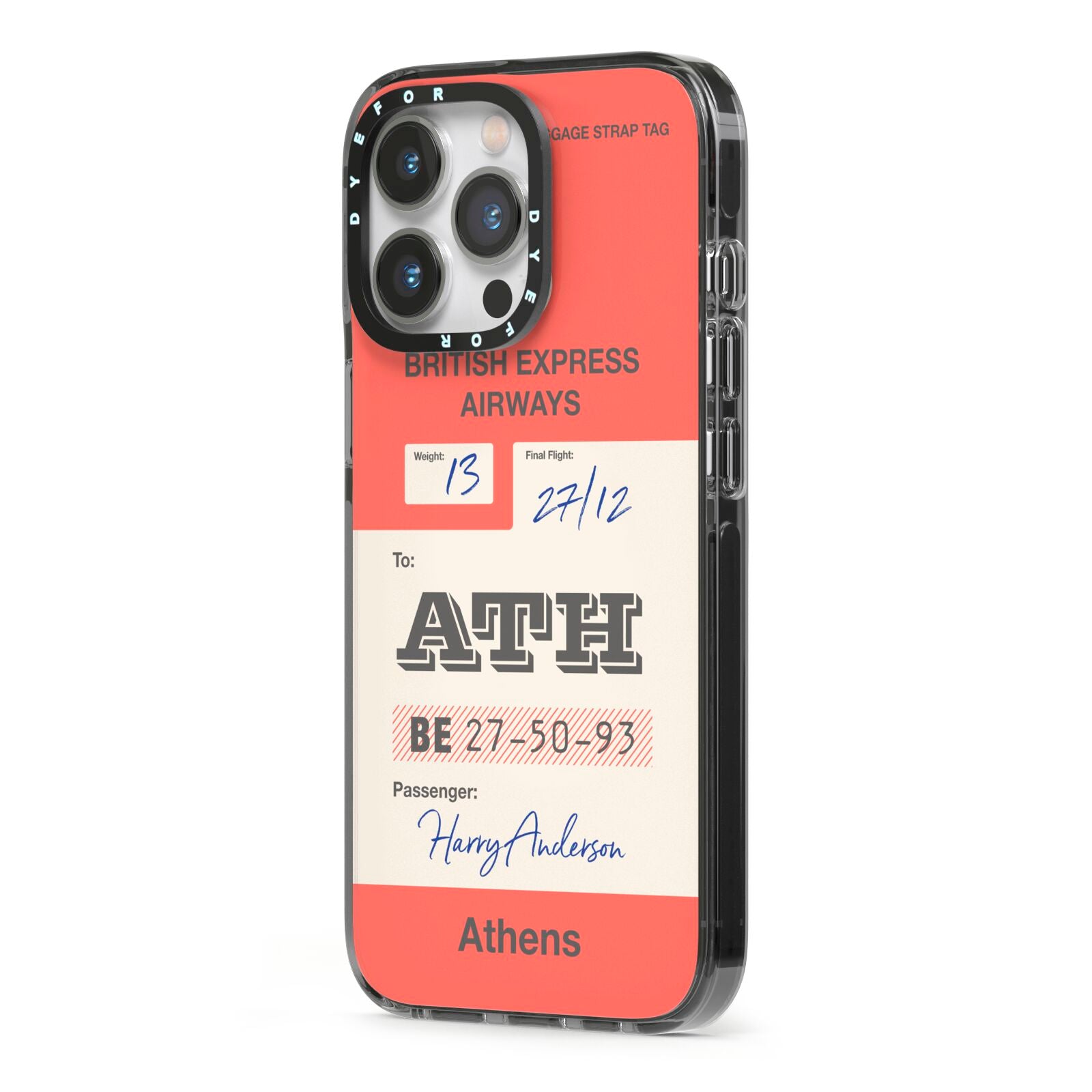 Red Vintage Baggage Tag iPhone 13 Pro Black Impact Case Side Angle on Silver phone