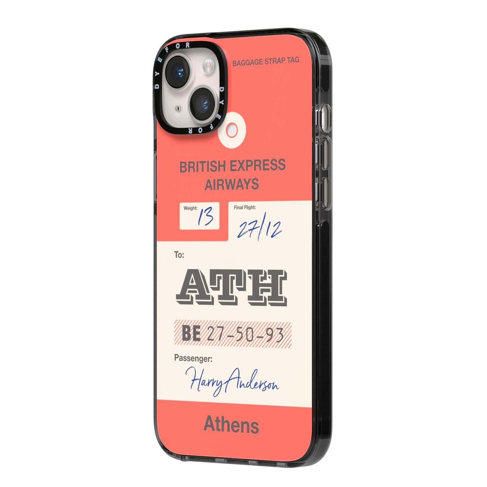 Red Vintage Baggage Tag iPhone 14 Plus Black Impact Case Side Angle on Silver phone