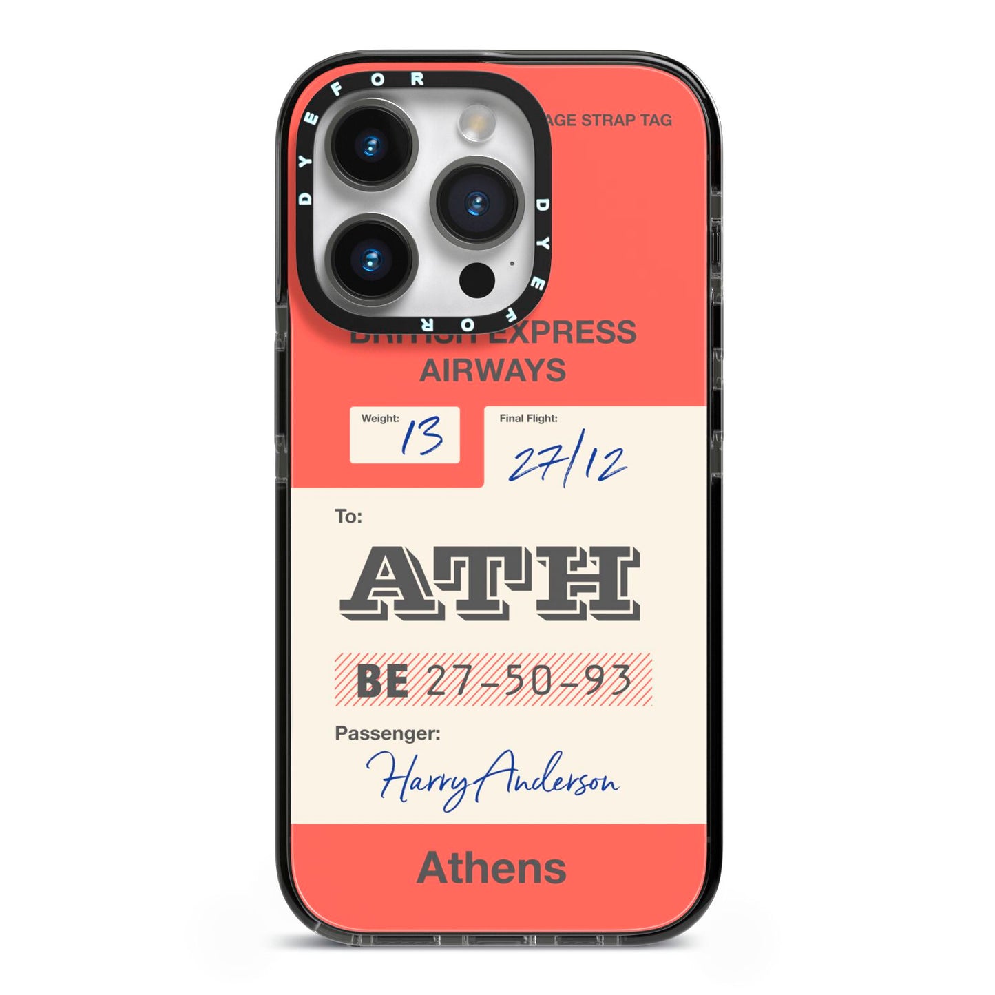 Red Vintage Baggage Tag iPhone 14 Pro Black Impact Case on Silver phone