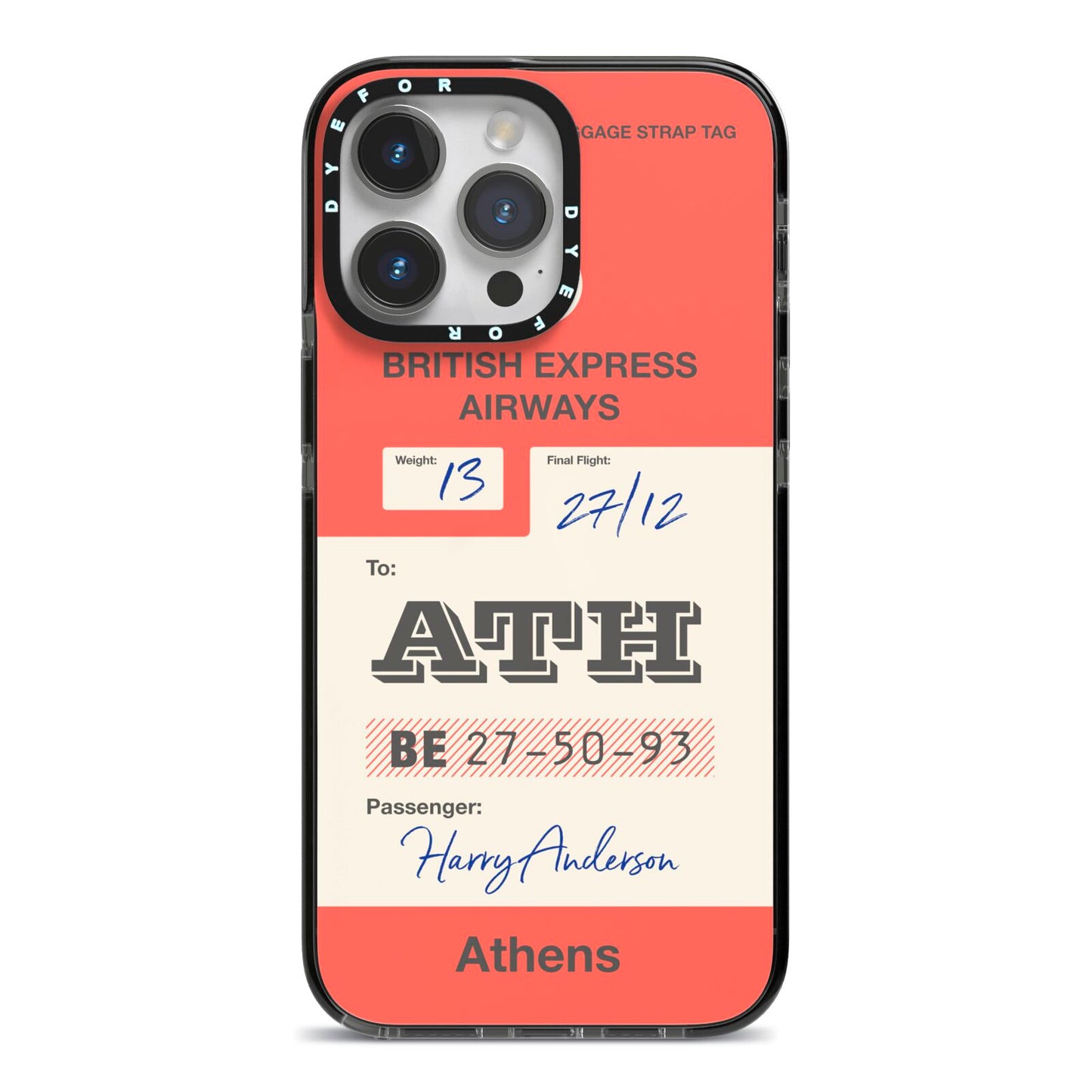 Red Vintage Baggage Tag iPhone 14 Pro Max Black Impact Case on Silver phone