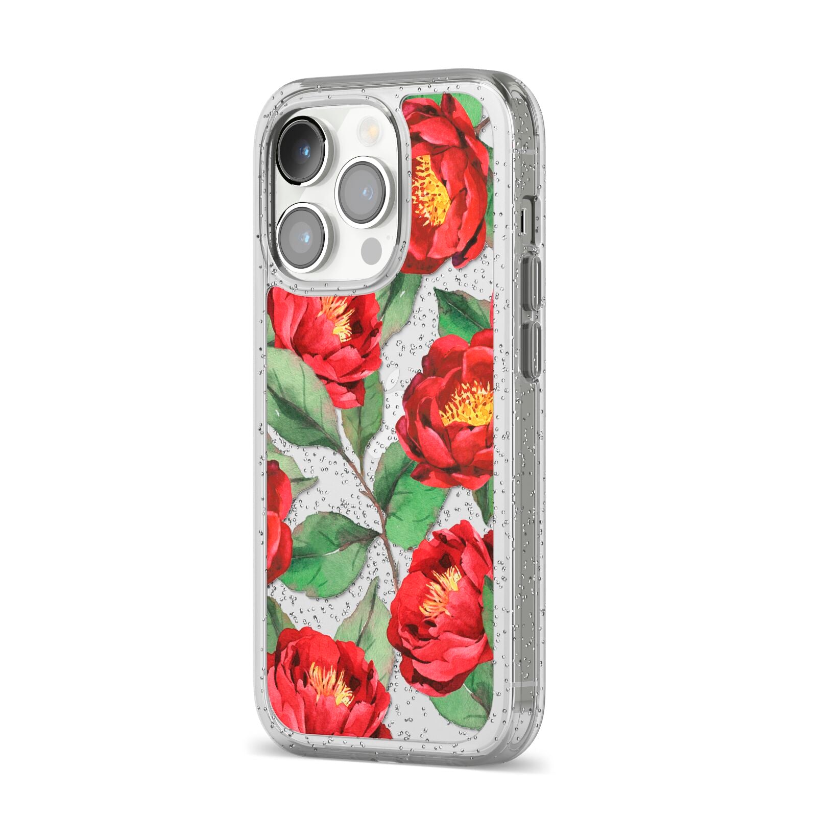 Red Watercolour Flowers iPhone 14 Pro Glitter Tough Case Silver Angled Image