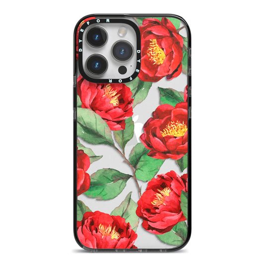 Red Watercolour Flowers iPhone 14 Pro Max Black Impact Case on Silver phone