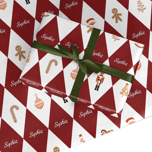 Red White Personalised Christmas Harlequin Custom Wrapping Paper