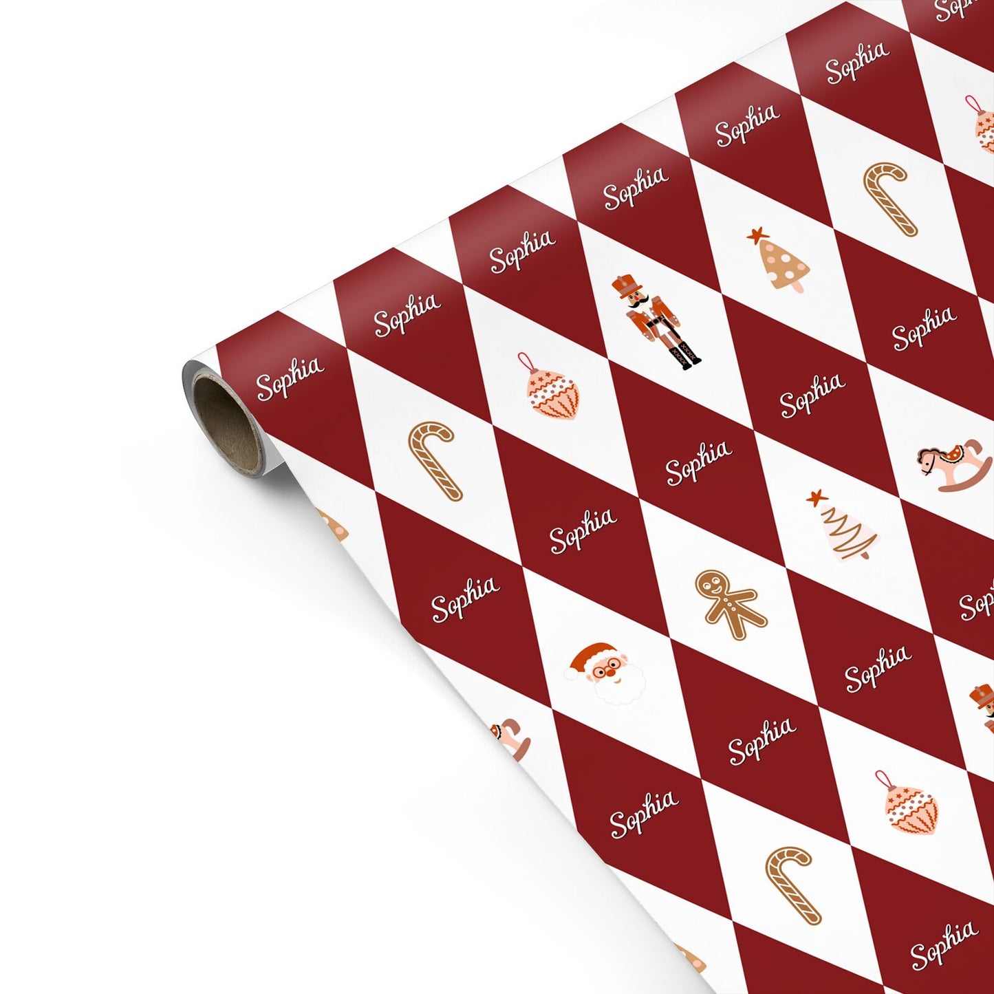 Red White Personalised Christmas Harlequin Personalised Gift Wrap