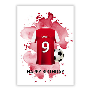 Red White Personalised Football Shirt Greetings Card