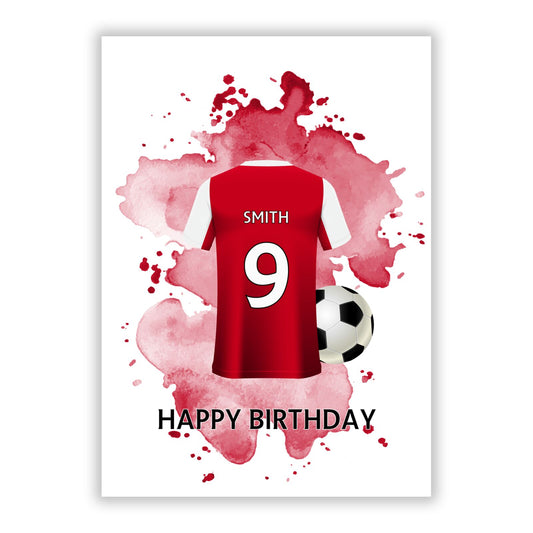 Red White Personalised Football Shirt A5 Flat Greetings Card