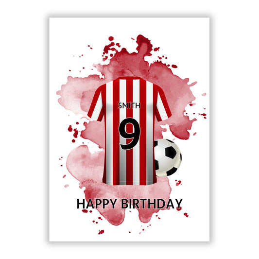 Red White Striped Personalised Football Shirt A5 Flat Greetings Card