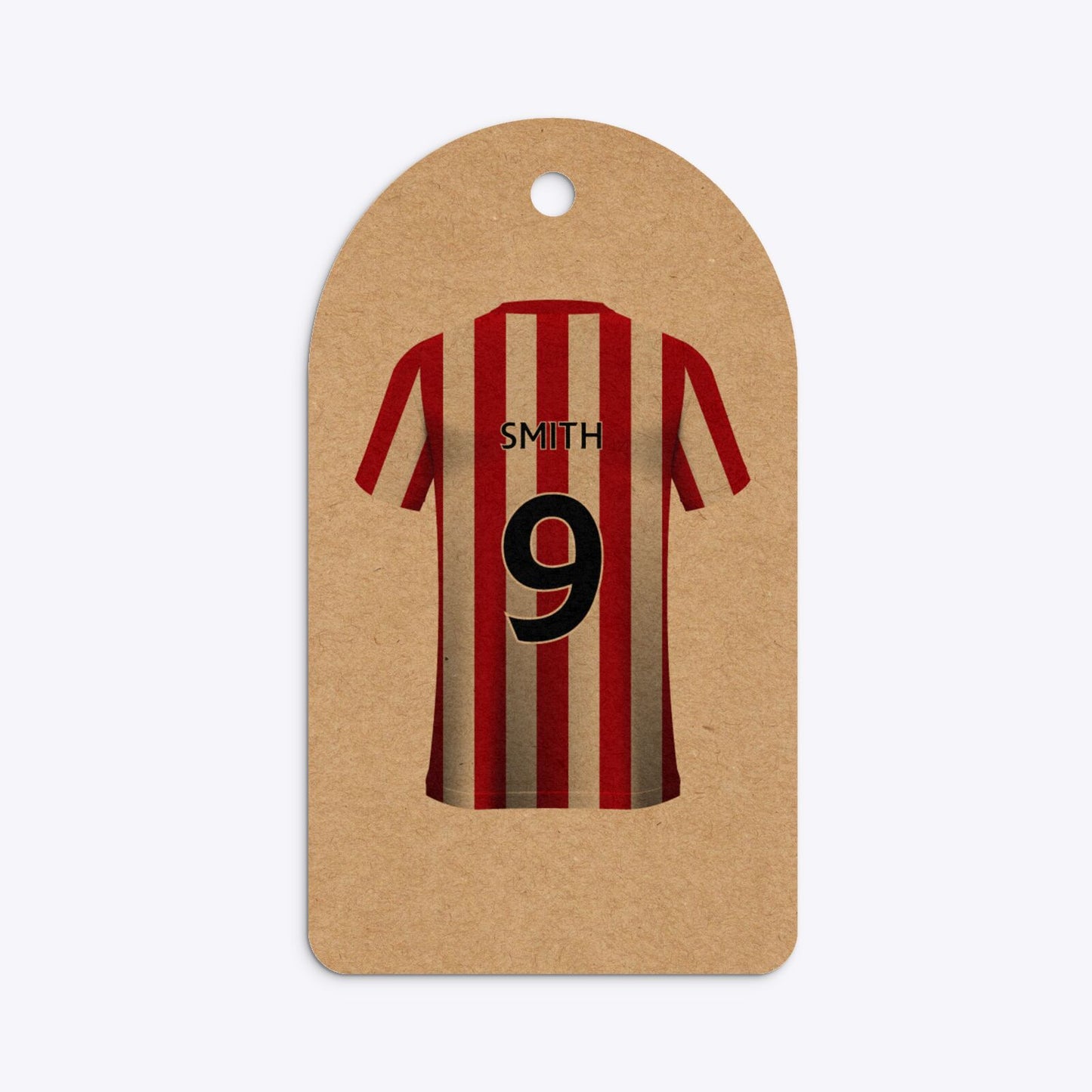 Red White Striped Personalised Football Shirt Arched Rectangle Kraft Gift Tag