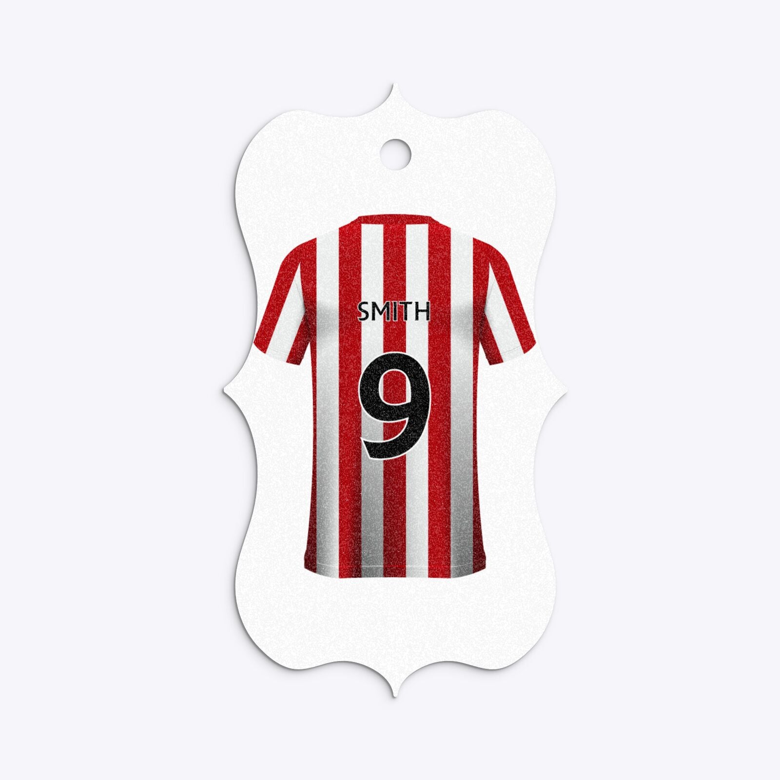 Red White Striped Personalised Football Shirt Bracket Glitter Gift Tag
