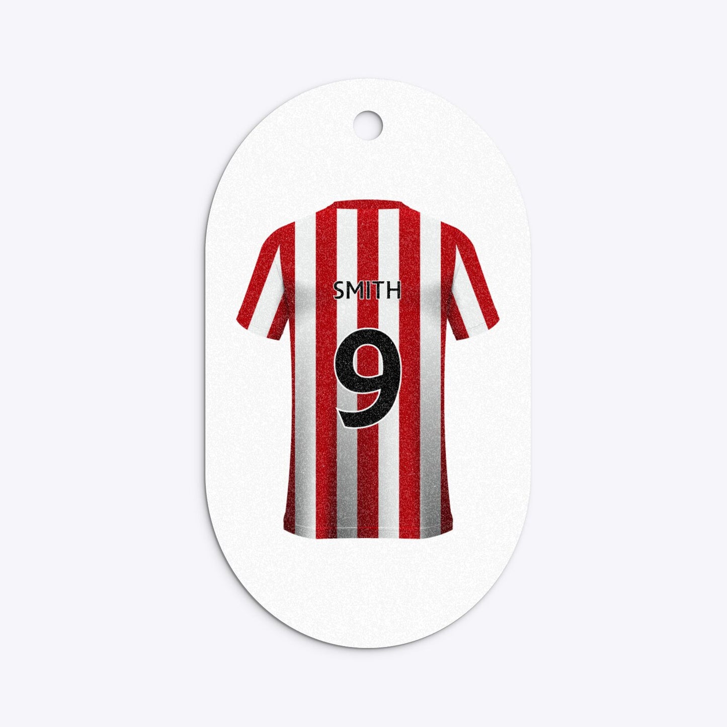 Red White Striped Personalised Football Shirt Flat Edge Glitter Oval Gift Tag