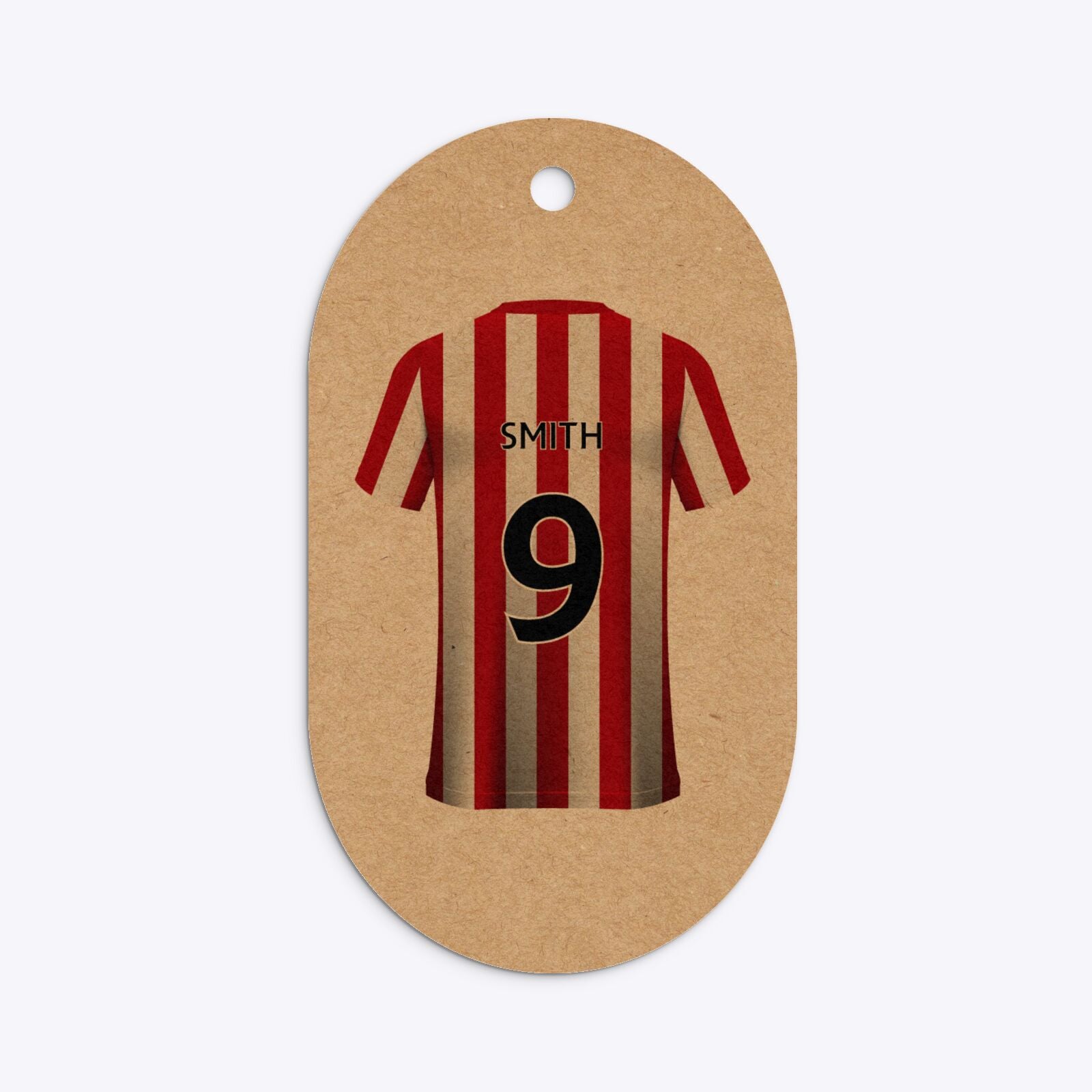 Red White Striped Personalised Football Shirt Flat Edge Kraft Oval Gift Tag