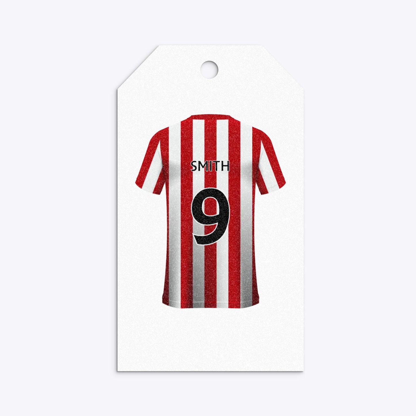 Red White Striped Personalised Football Shirt Gift Tag Glitter
