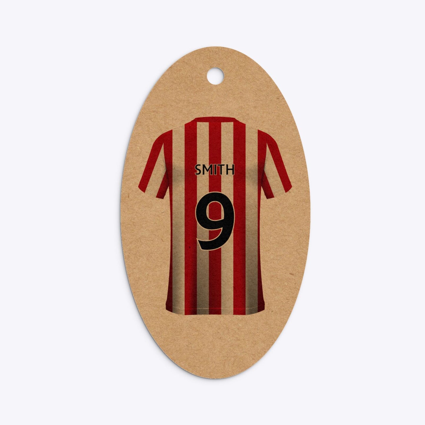 Red White Striped Personalised Football Shirt Oval Kraft Gift Tag