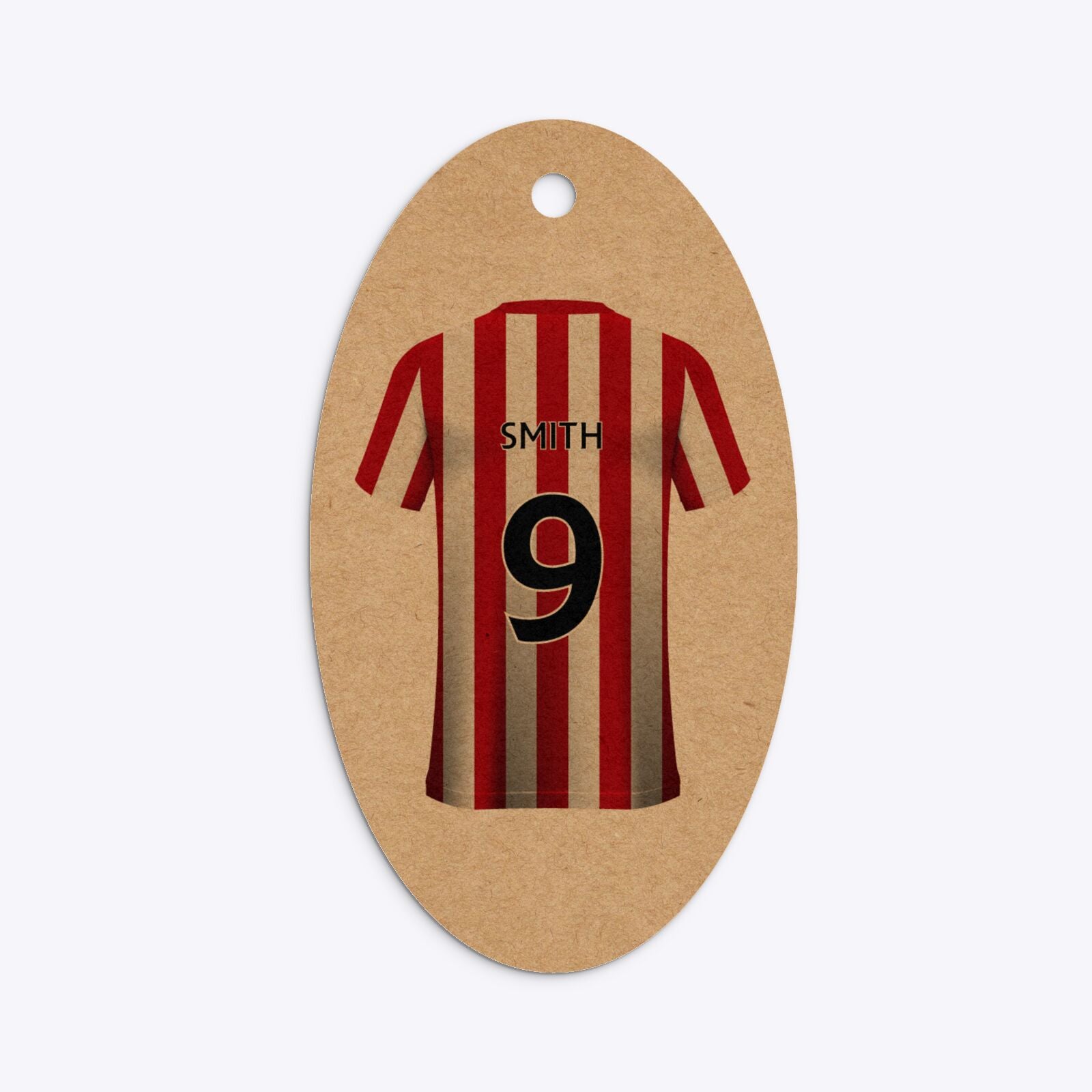 Red White Striped Personalised Football Shirt Oval Kraft Gift Tag