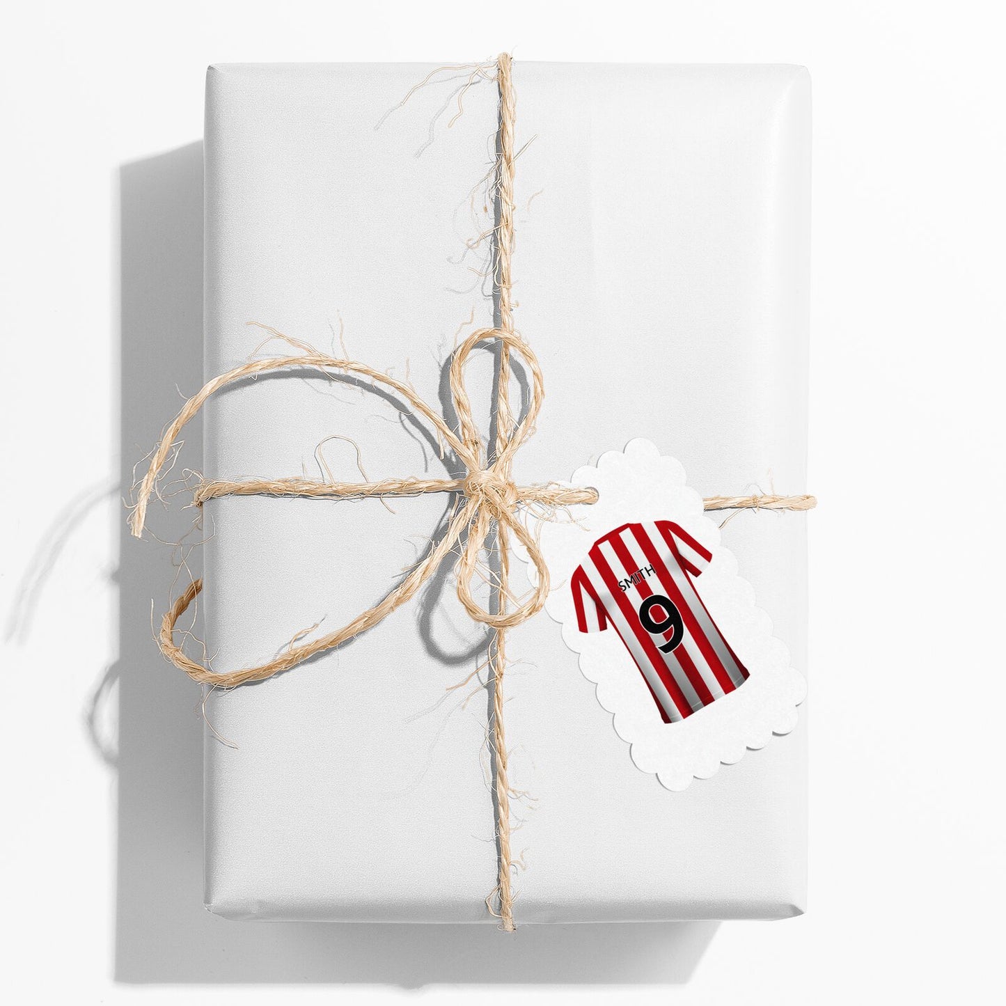 Red White Striped Personalised Football Shirt Scalloped Gift Tag on Present