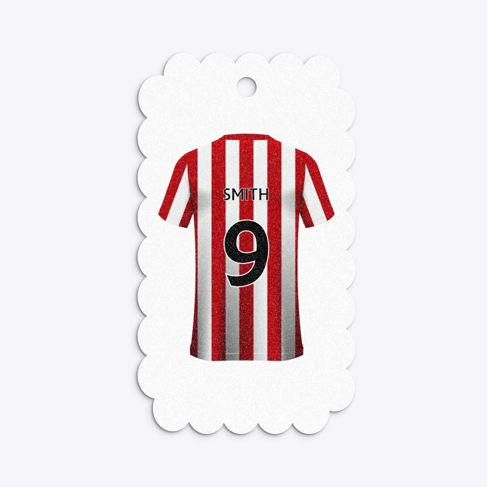 Red White Striped Personalised Football Shirt Scalloped Glitter Gift Tag