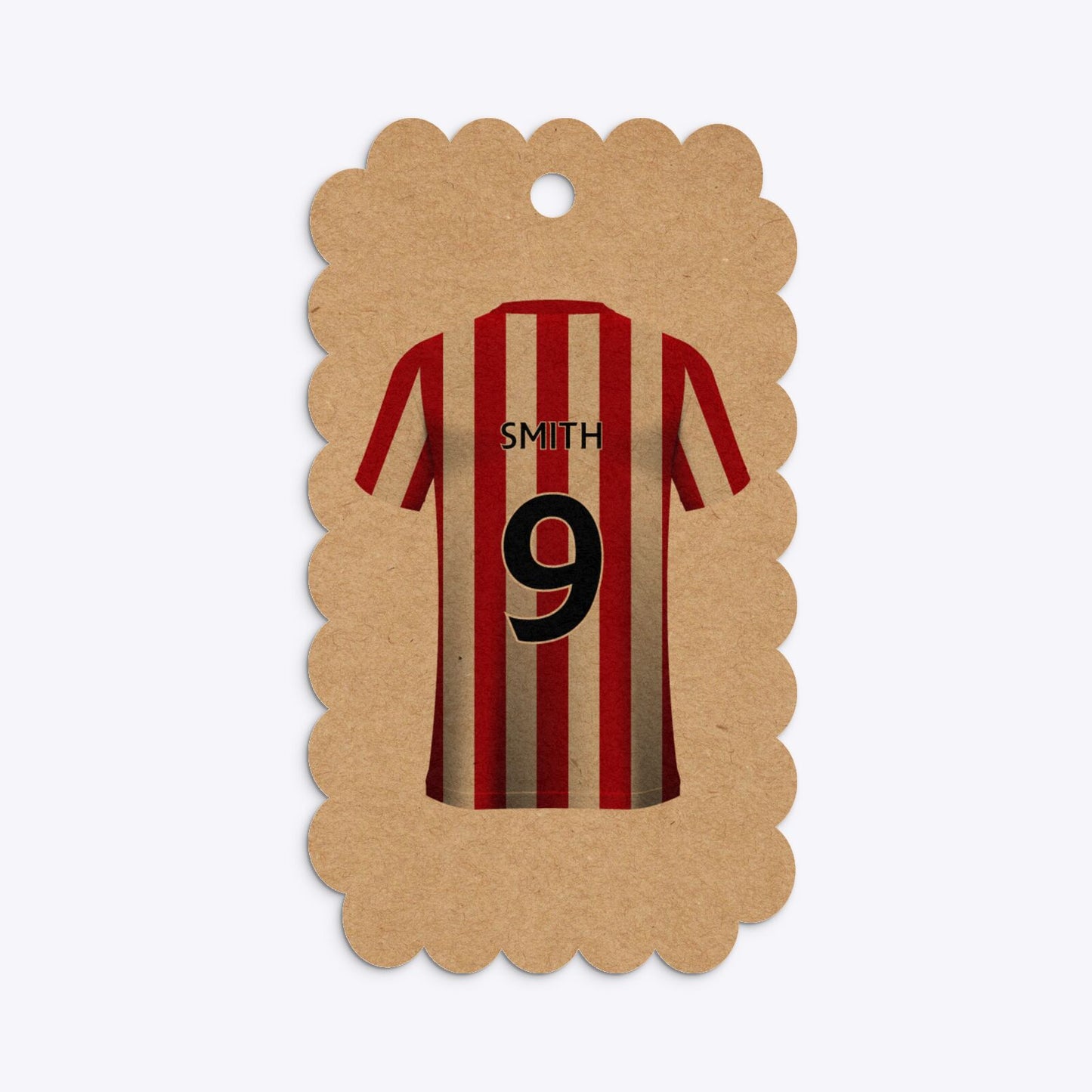 Red White Striped Personalised Football Shirt Scalloped Kraft Gift Tag