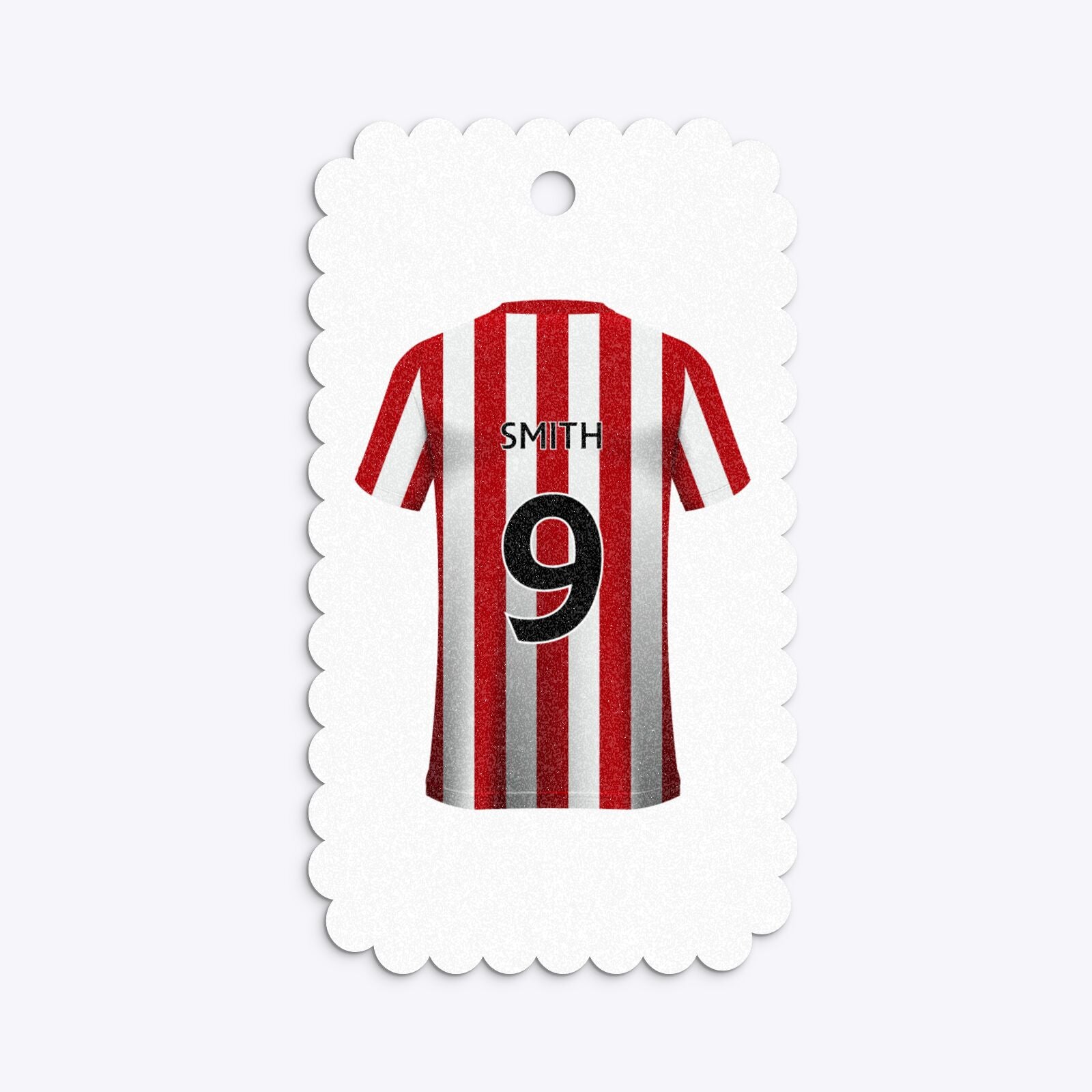 Red White Striped Personalised Football Shirt Small Scalloped Glitter Gift Tag