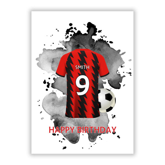 Red and Black Stripes Personalised Football Shirt A5 Flat Greetings Card