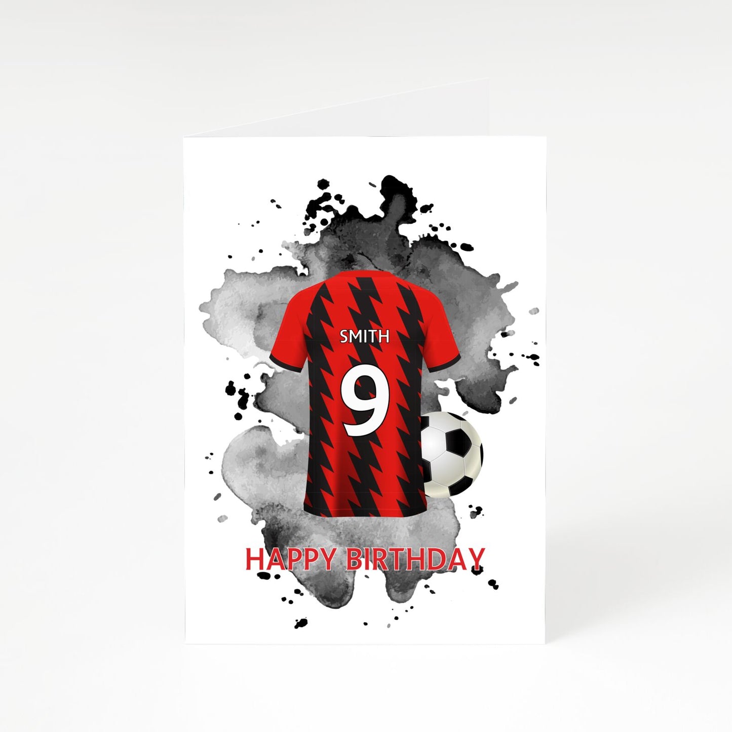 Red and Black Stripes Personalised Football Shirt A5 Greetings Card
