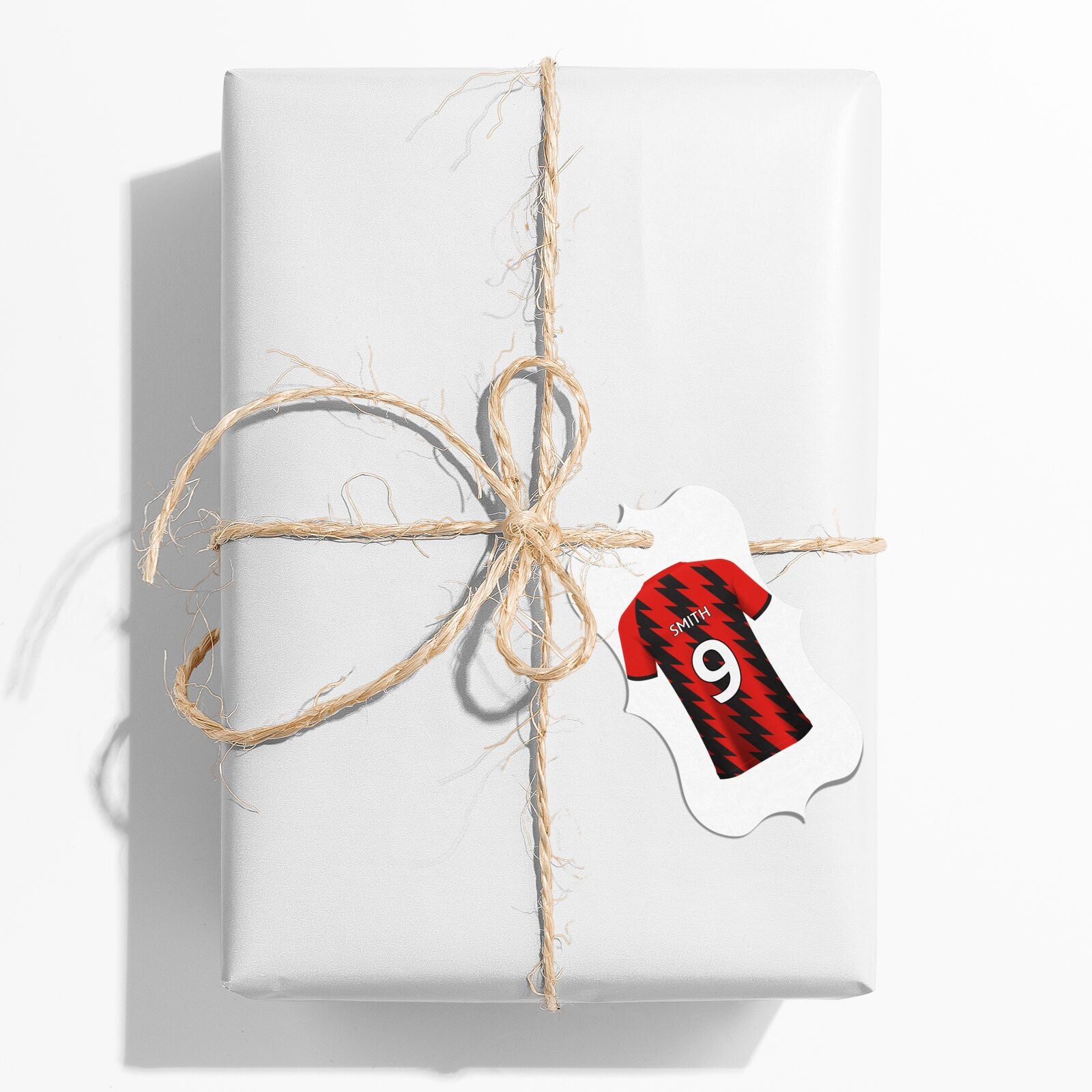 Red and Black Stripes Personalised Football Shirt Bracket Gift Tag on Present