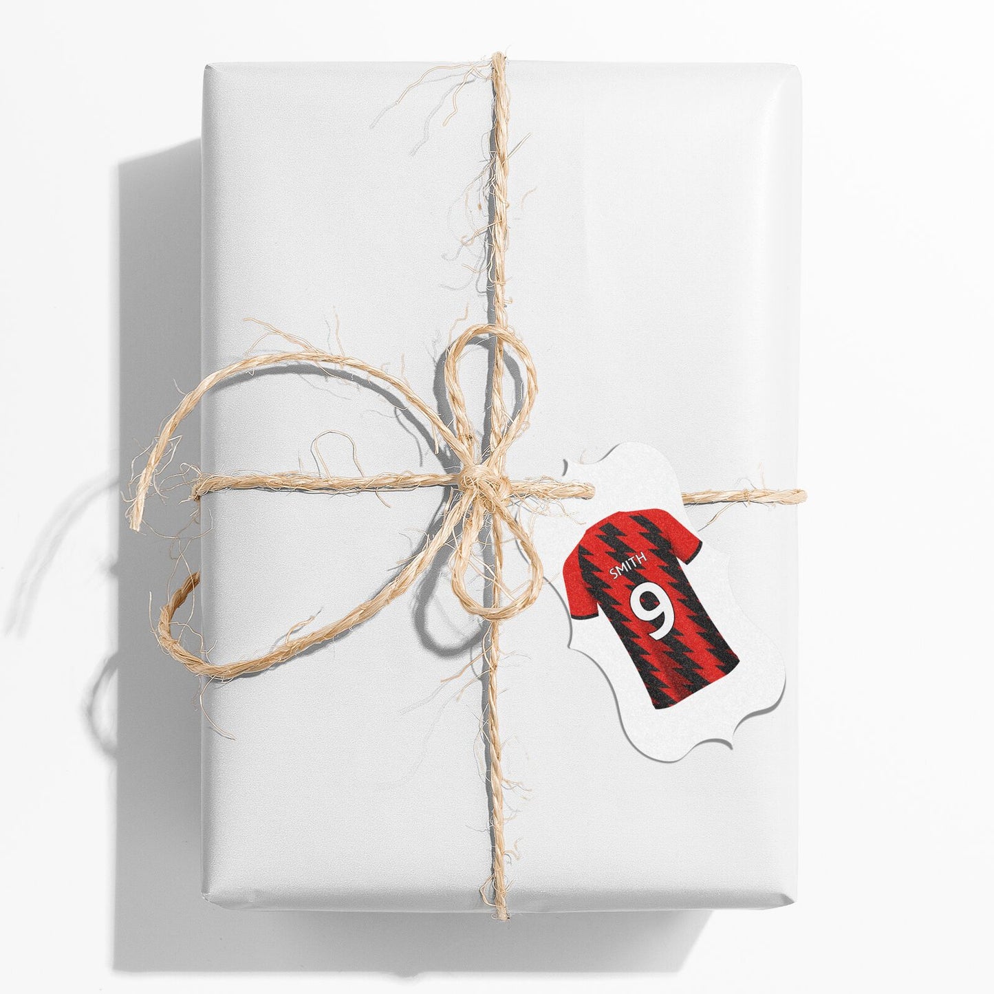 Red and Black Stripes Personalised Football Shirt Bracket Glitter Gift Tag on Present