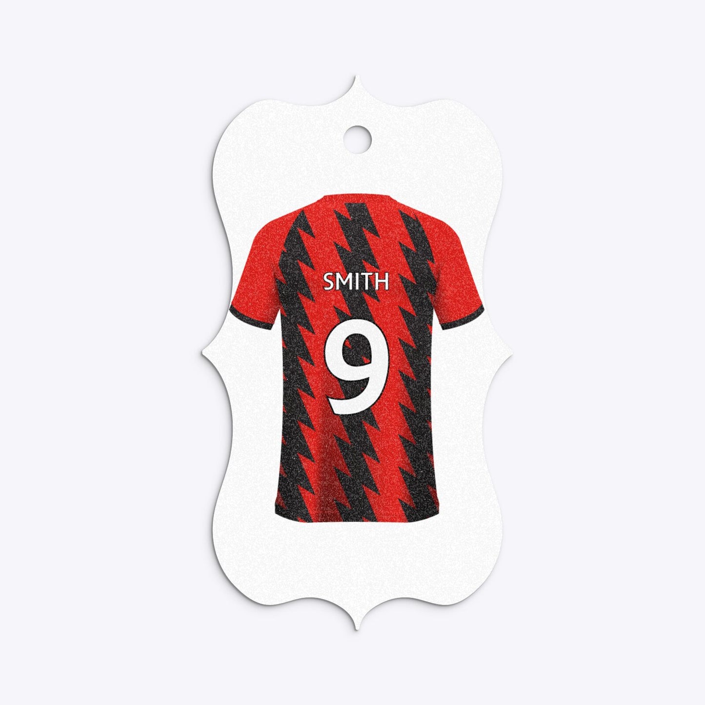 Red and Black Stripes Personalised Football Shirt Bracket Glitter Gift Tag