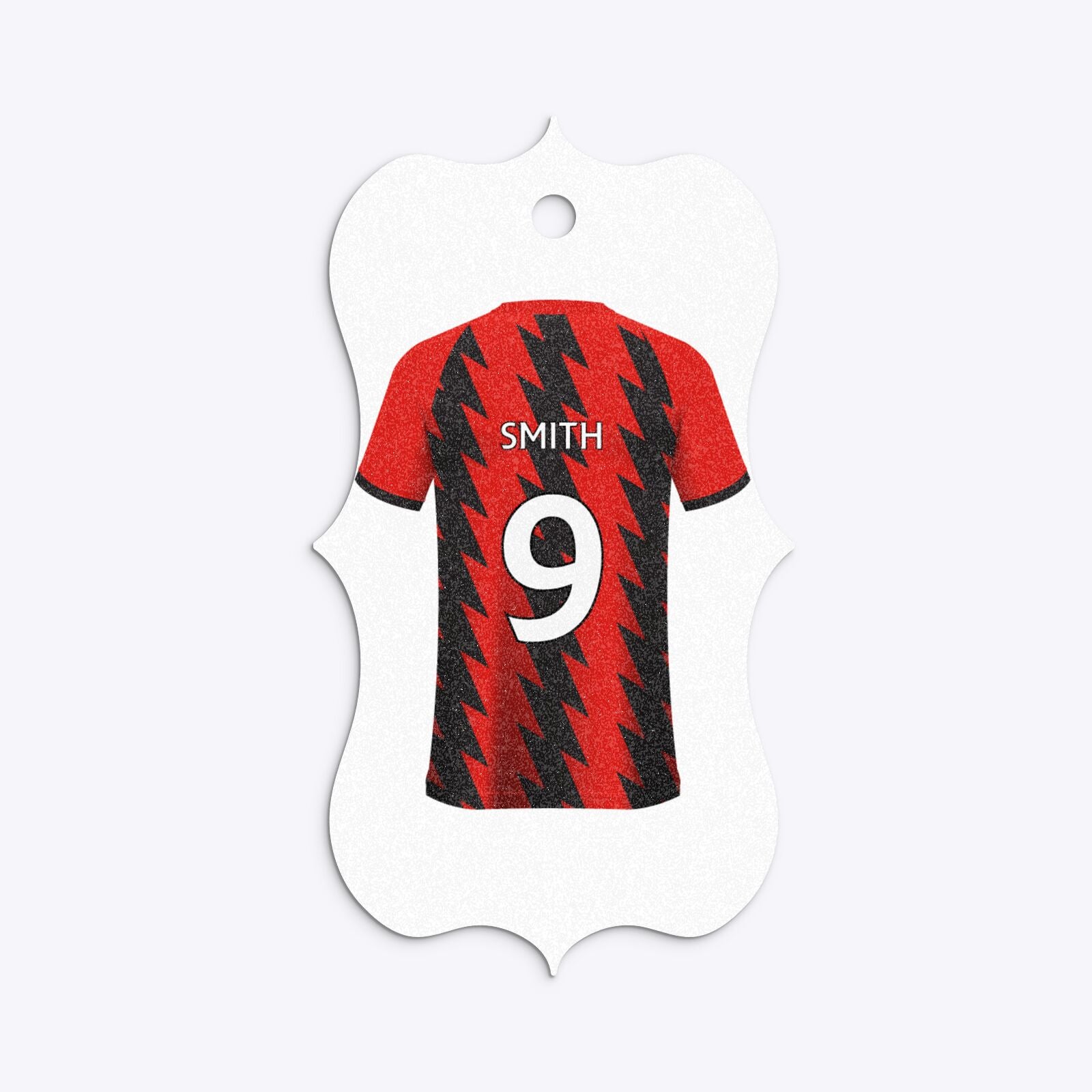 Red and Black Stripes Personalised Football Shirt Bracket Glitter Gift Tag